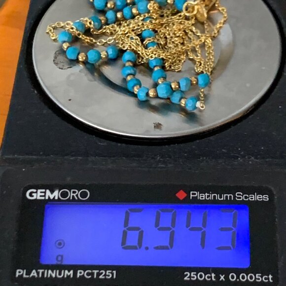 Gold Over Sterling Silver 925 Necklace w/ Turquoise Gold Bead Sections 36" Long - Picture 10 of 11